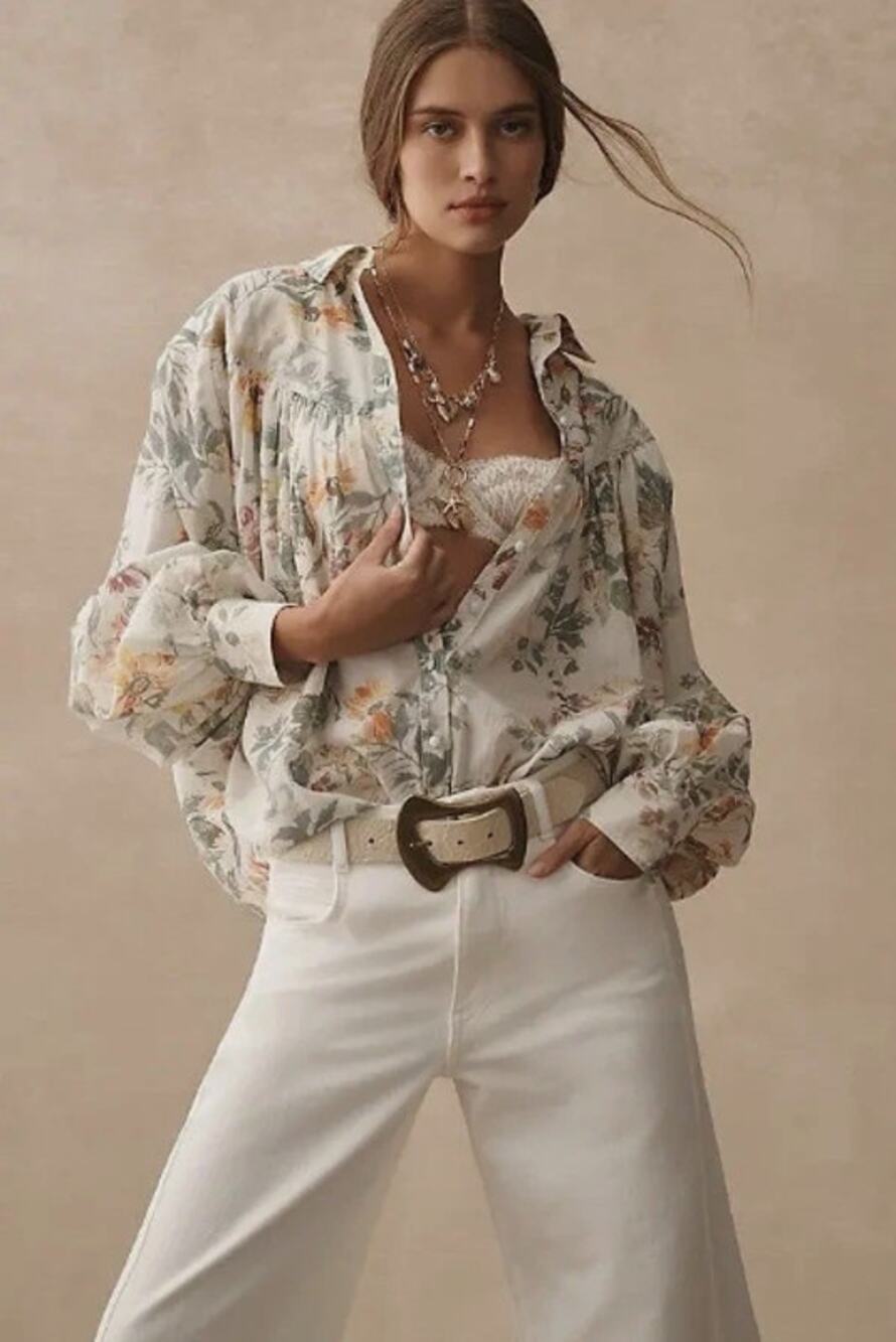 Anthropologie Pilcro Batwing Floral Button-Up Blouse Women's Sz XL
